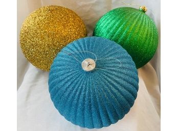 3 Large Vintage Ornaments Green Gold And Blue