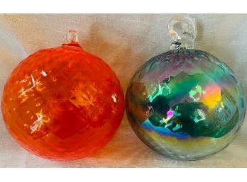 (Lot Of 2) Blown Glass Ornaments Orange And Iridescent  Green Tones