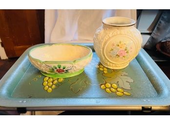 Two Vases /dishes With Vintage Side Tray