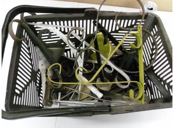Plastic Tote Of Hanging Brackets And Other Metal Items