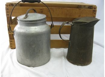 (Lot Of 3) Galvanized Pitcher / Covered Aluminum Pail / Wooden Fruit Crate