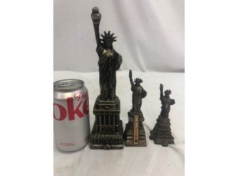Lot Of Three Vintage Statue Of Liberty Souvenirs Paperweights Including One Thermometer