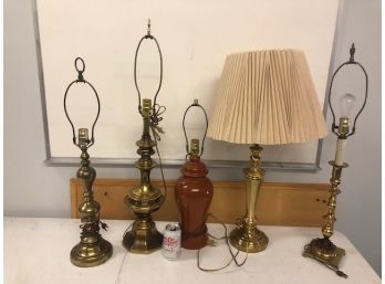 Five Vintage Lamps Including Four Brass, Varying Ages