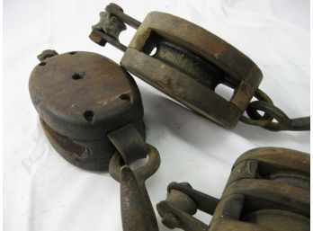 (lot Of 3) Wooden Block And Tackle Pulleys