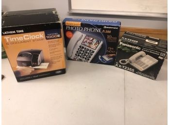 Vintage Electronics, New In Box -- Photo Phone, Time Clock And Panasonic Phone