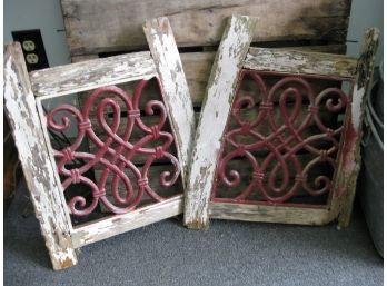 (Lot Of 2) Cast Iron Decorative Pieces In Aged Wooden Frames