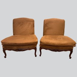 Pair Of Ralph Lauren Louis XV French Provincial Style Slipper Chairs In Ultra Seude Made By Henredon