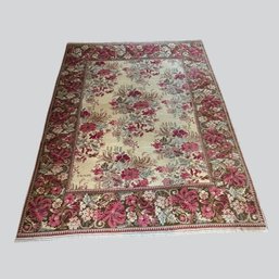 Handknotted And Signed Persian Wool Floral Rug With Floral Border In Rose, Green Blue & Brown On Ivory Ground