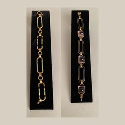 Two 14K Paper Clip Style Bracelets: One With Square-cut Amethysts & One With Green And Black Enamel Accents