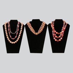 Collection Of Five Vintage Pink Beaded Necklaces