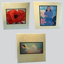 Three Decorative Ceramic Tiles Depicting: Georgia O'Keefe Red Poppy, Pegge Hopper Plia Malis & Peggy Hopper Au