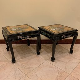 Pair Of Chinese Black Lacquer And Painted Side Tables, Modern