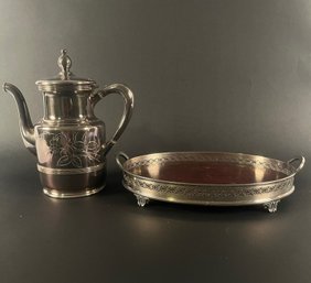 Silver Plate Footed Serving Tray With Silver Plate Coffee Pot With Floral Motif