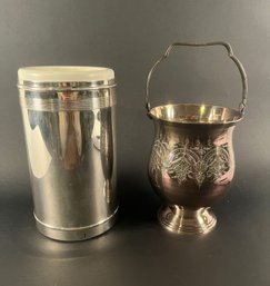 Silver Tone Wine Bottle Cooler With Silver Plate Ice Bucket