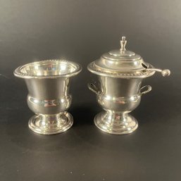 Two Sterling Silver Miniature Urns, One With Cover And Ladle, One Open