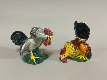 Vintage Hand Painted Ceramic Fighting Rooster Figurines, Italy, Circa 1950