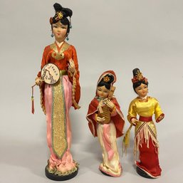 Trio Of Asian Lady Figurines In Fancy Costume