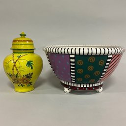 Two Hand Painted Ceramic Kitchen Items:  Covered Jar And Fruit Bowl