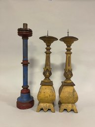 Pair Of Carved And Painted Pricket Candlesticks With A Single Carved And Painted Pricket Candlestick