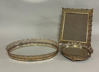 Group Of Brass Trays And Picture Frame