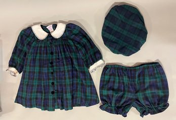 Vintage Plum Pudding Toddler Girls Tartan Dress, Bloomers And Matching Hat Size 3T