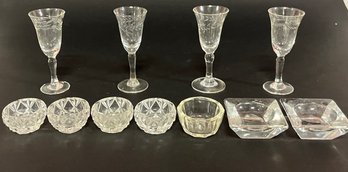 Group Of 7 Salt Cellars And Set Of Four Etched Glass Cordials