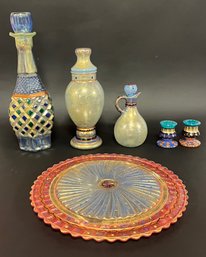 Group Of Six Hand Painted Glass Decorative And Serving Pieces