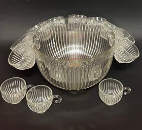 Vintage Clear Molded Glass Punch Bowl And 12 Handled Cups