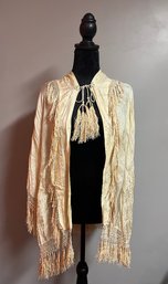 Vintage Silk Hand Embroidered Fringed Ivory Shawl With A Tie Closure, Late 19th / Early 20th Century