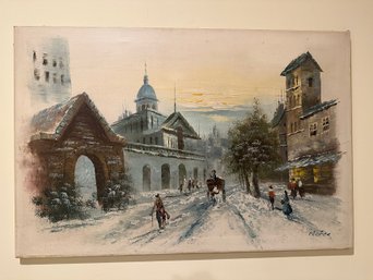 Oil Painting Of A Winter Street Scene,  Probably 20th Century