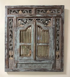 Blue Painted Balinese Style Carved Wood Window Mirror