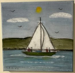 Miniature Sailboat Painting, Acrylic And Pencil On Canvas Sailboat Scene