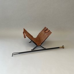 Metal Frame Log Holder With Leather Sling And Fire Place Poker