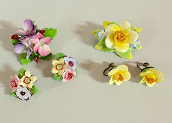 Artone Bone China Floral Brooches And Earrings, Made In England