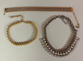 Vintage Group Of Costume Necklaces: Gold Bead Necklace, Pearl And Rhinestone Stickers, Mesh Choker