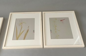 Set Of 2 Japanese Botanical And Dragonfly Watercolors, Modern