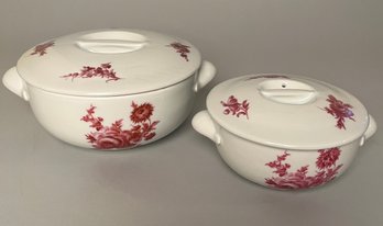 Two Apilco Pink Rose Porcelain Covered Soup Bowls, France (one Large And One Small)