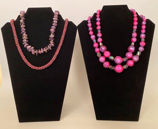 Mode-Art Double Strand Pink And Purple Bead Necklace, C. 1955, With Two Pink And Purple Beaded Necklaces