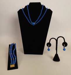 Matched Set Of Vintage Blue Beaded Jewelry: Necklace, Bracelet And Earrings, Possibly Lapis Lazuli