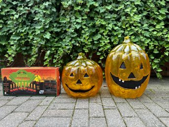 Two Light Up Jack -o-Lanterns With Box Of Shiny Bright Pumpkin Candolier Halloween Lights & 2 Indoor Pumpkins
