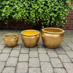Three Variously Sized Gold Glazed Ceramic Planters