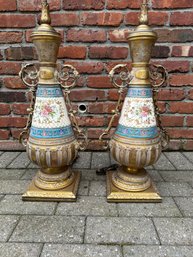 Pair Of Blue And Ivory Brass Mounted Porcelain Lamps