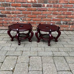 Set Of Two Planter Stands With A Red Mahogany Finish