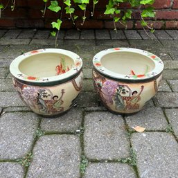 Two Asian Fish Bowls/planters With An Ivory Ground