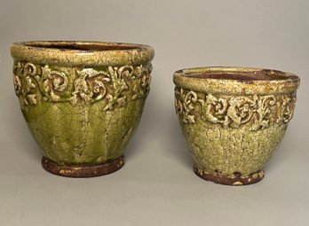 Two Green Glazed Ceramic Planters With Scroll Decoration