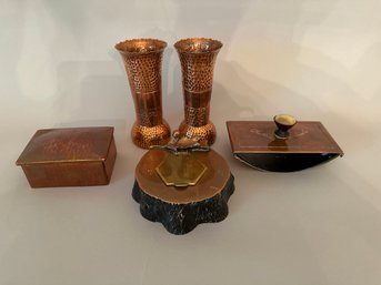 Collection Of Copper Desktop Accessories: Including Two Vases, A Box, An Inkwell And Pen Holder, And A Stamp