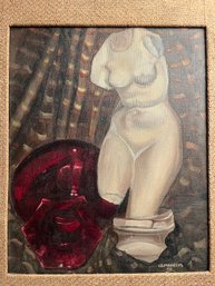 SD Mannheim, Still Live Of Marble Bust With Red Glass Platters, 1938