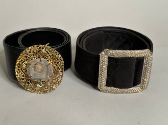 Yves Saint Laurent Rhinestone Buckle Black Quilted Belt & Abbe Gold And Stone Buckle Leather Belt