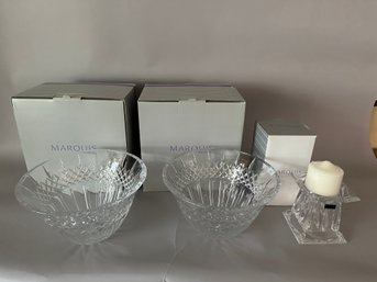 Two Waterford Marquis Bowls With One Pillar Candle Holder