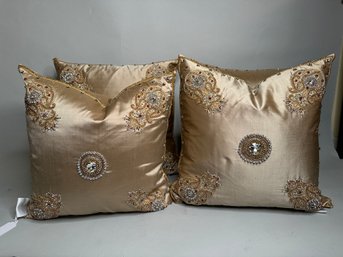 Four Frontgate Silk Pillows, Hand Embroidered With Applied Beads And Rhinestones